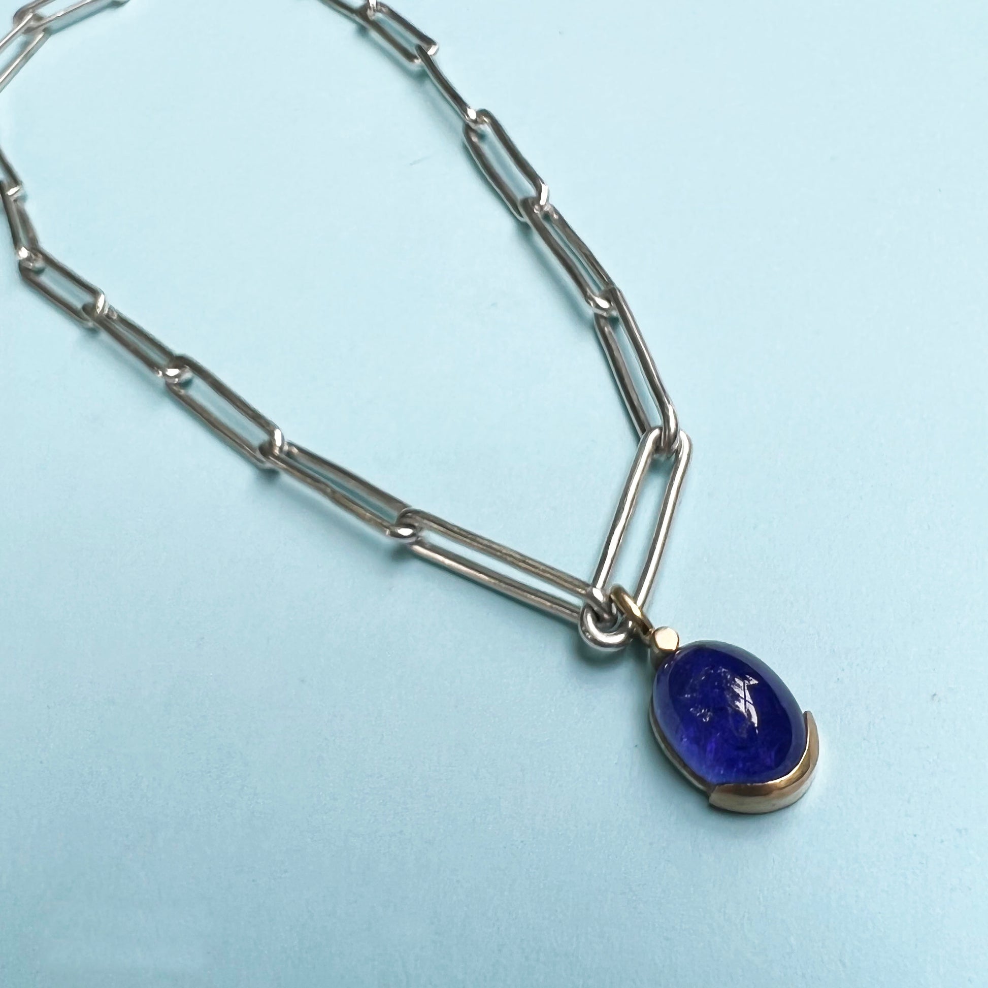 unique jewellery, handmade jewellery, 18ct gold & tanzanite necklace, 18ct gold necklace, sterling silver chain, tanzanite pendant, tanzanite necklace, gemstone necklace, paperclip chain