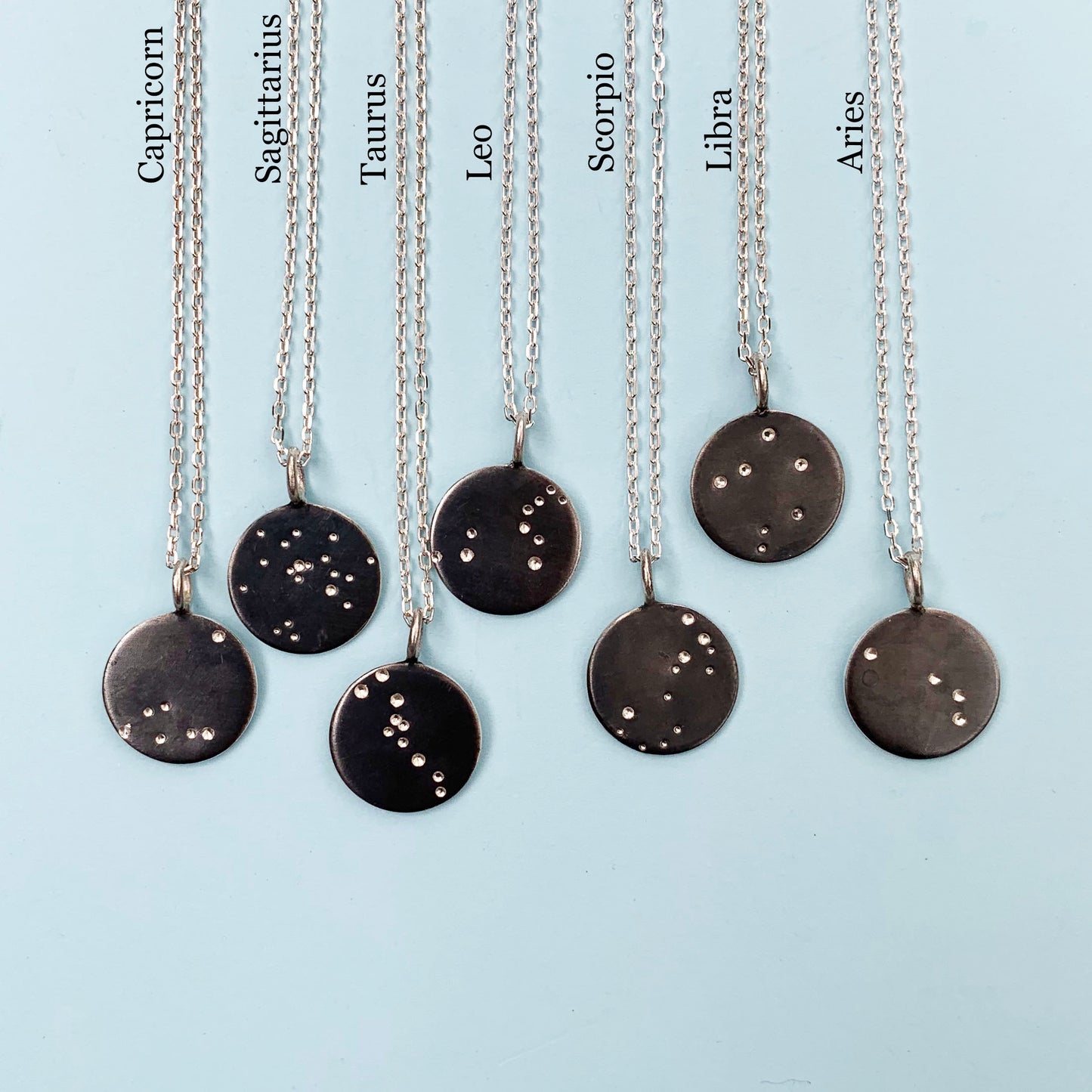zodiac necklace, silver necklace, sterling silver zodiac necklace, oxidised black necklace, matte silver zodiac necklace