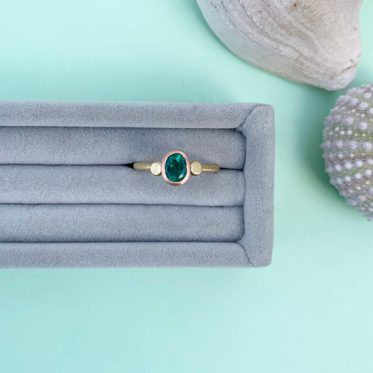 emerald 18ct yellow gold ring, 22ct gold shank, emerald ring, 18ct gold ring, 18ct gold emerald ring, gold emerald ring, emerald gold ring with satin finish, satin finish emerald ring